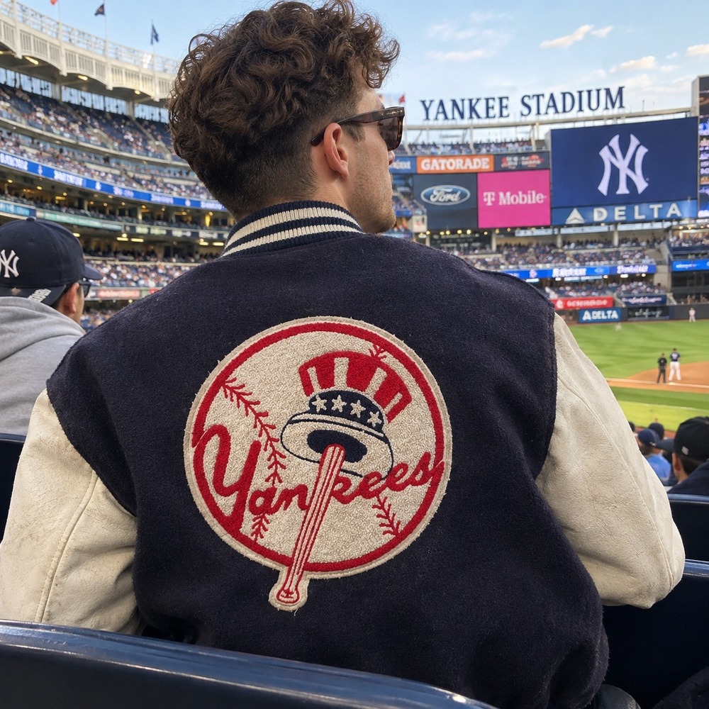 Vintage 90s DeLONG New York Yankees Leather Wool Varsity Jacket USA Made Size 44
